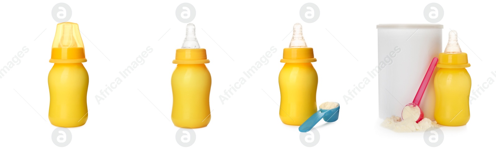 Image of Feeding bottles with infant formula on white background, collage. Baby milk