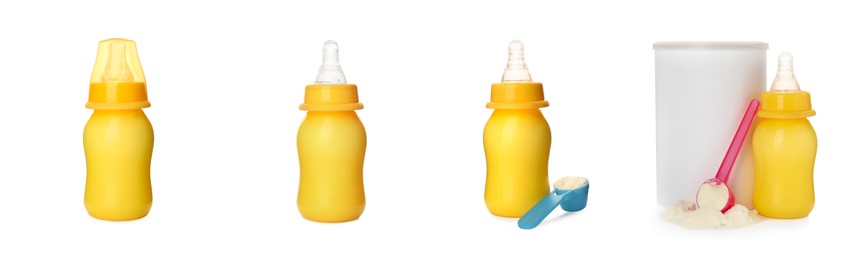 Image of Feeding bottles with infant formula on white background, collage. Baby milk