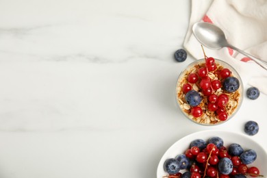 Delicious yogurt parfait with fresh berries on white table, flat lay. Space for text