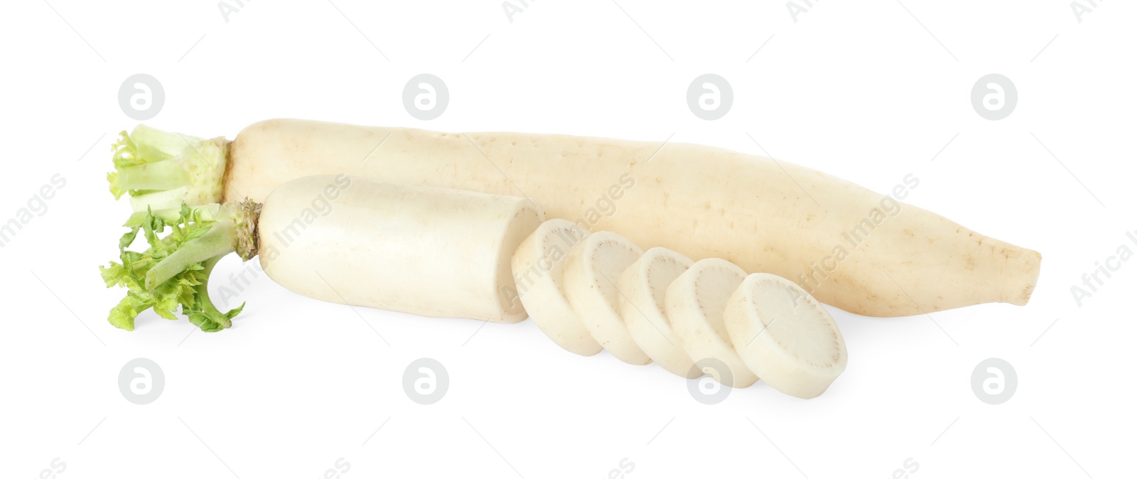 Photo of Sliced and whole fresh ripe turnips on white background