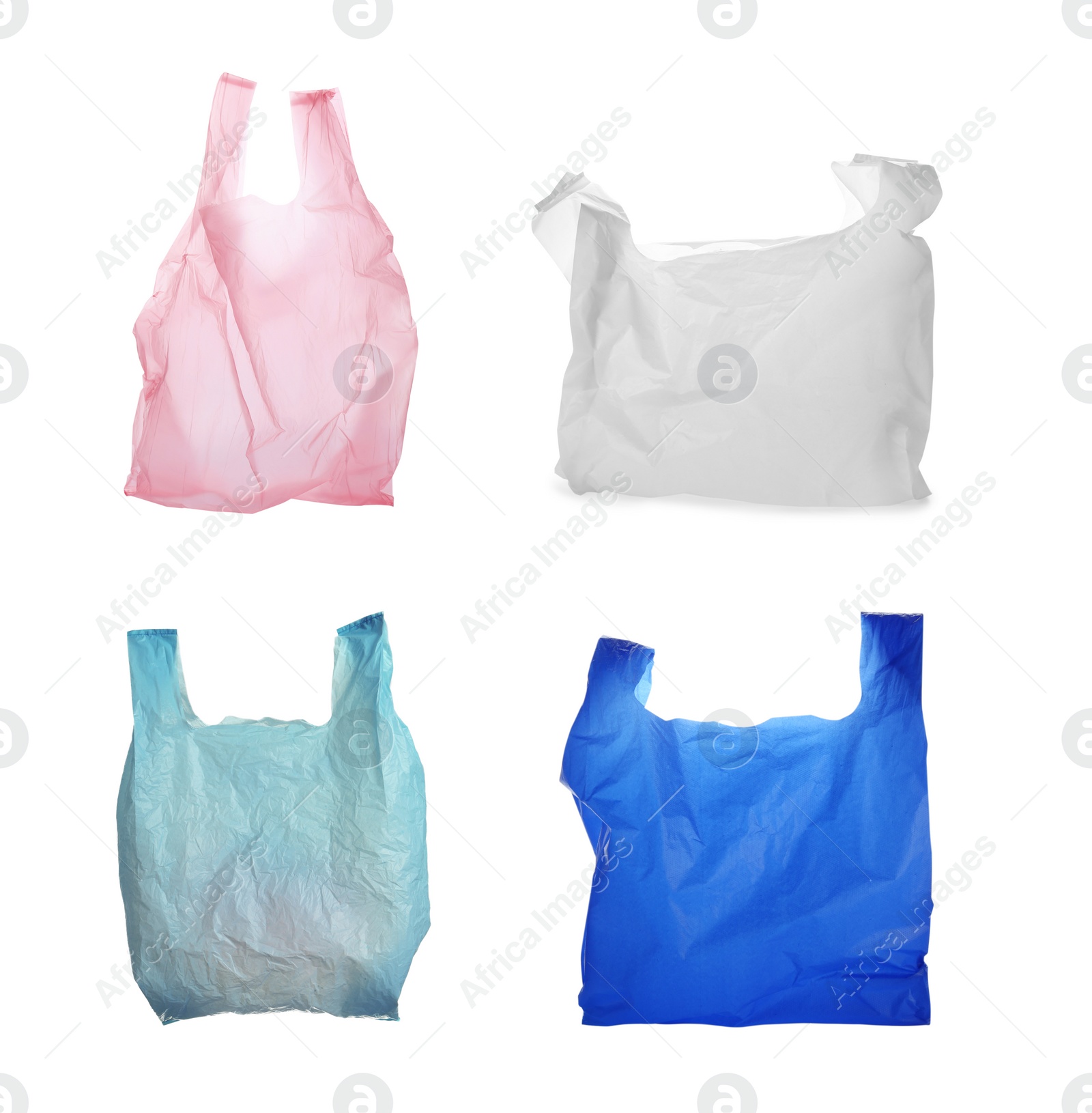 Image of Set of disposable plastic bags on white background. Waste management and recycling