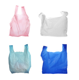 Image of Set of disposable plastic bags on white background. Waste management and recycling