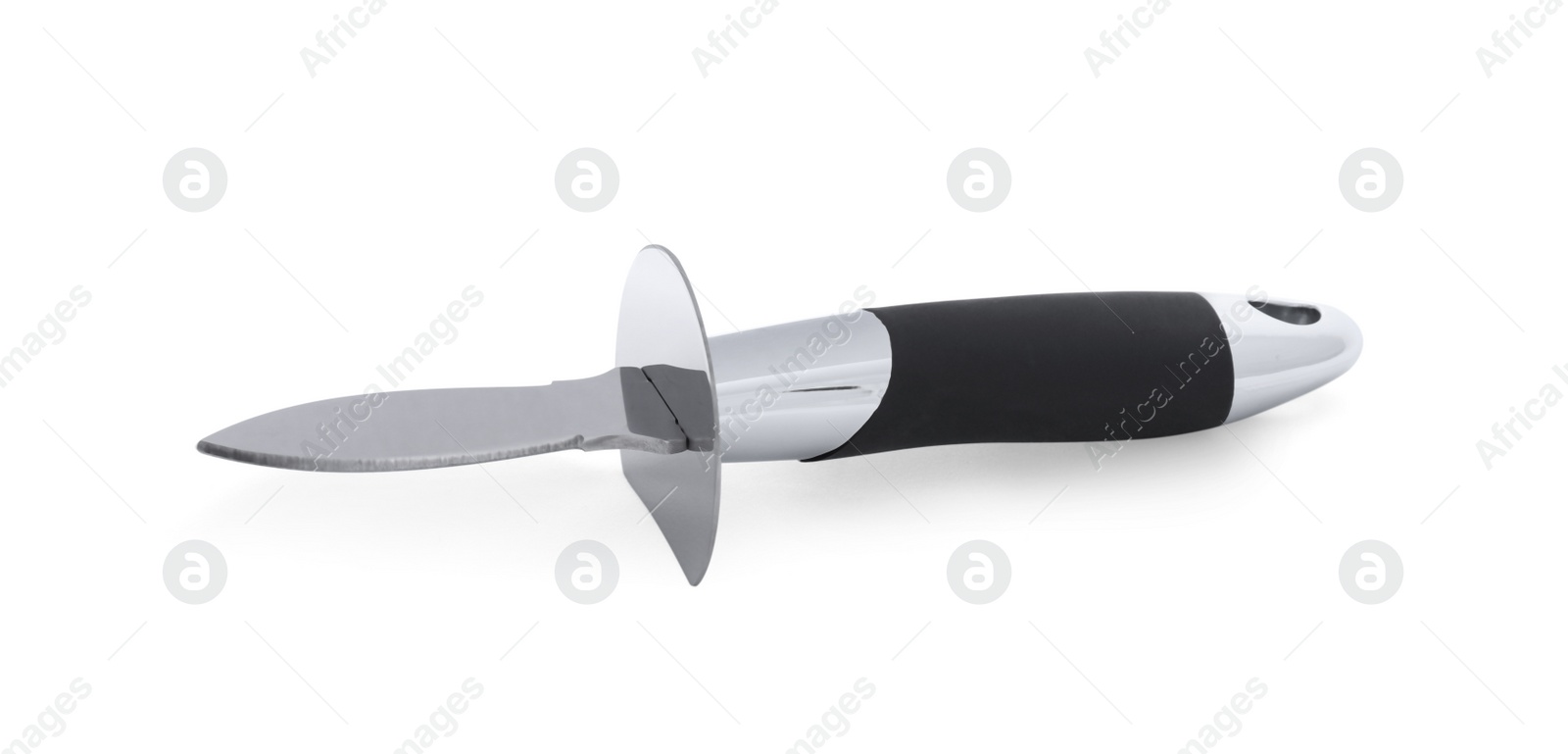 Photo of Oyster knife with black handle isolated on white