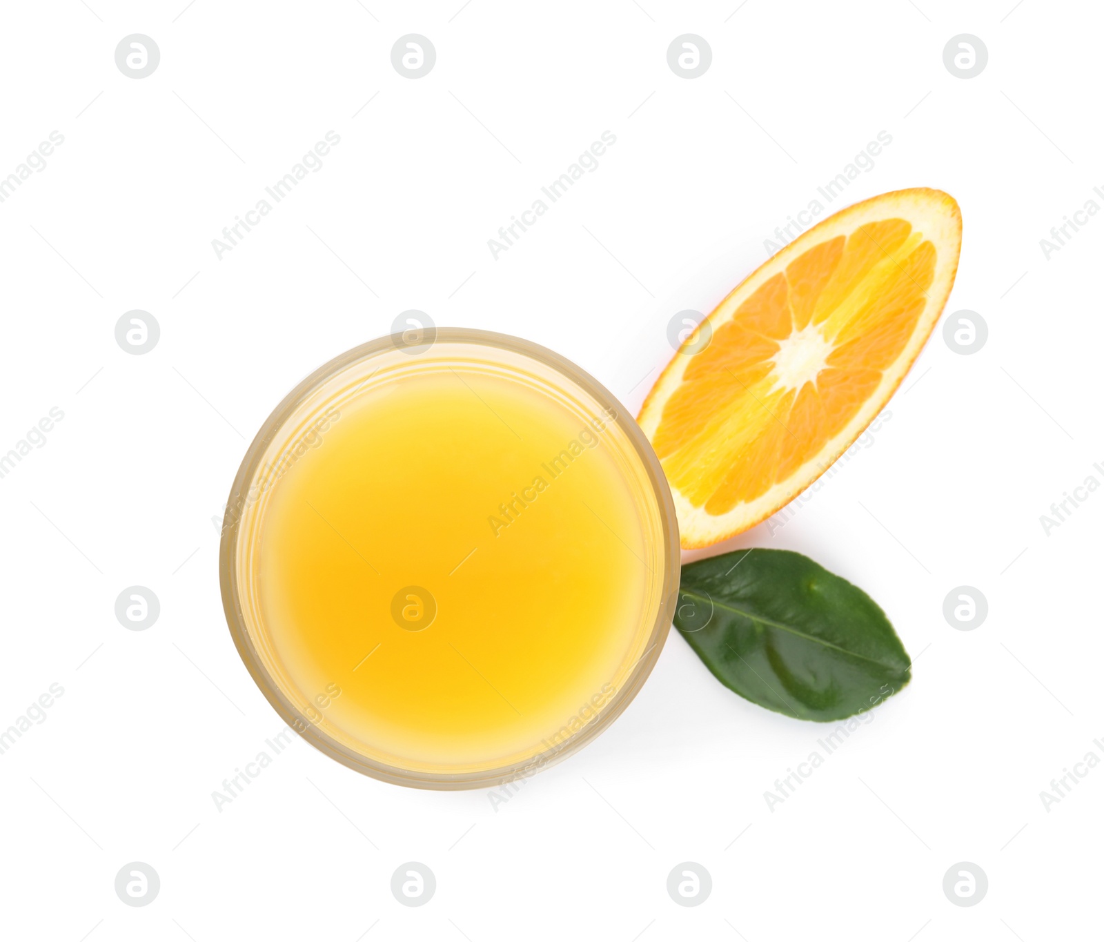 Photo of Glass of orange juice and fresh fruit on white background, top view