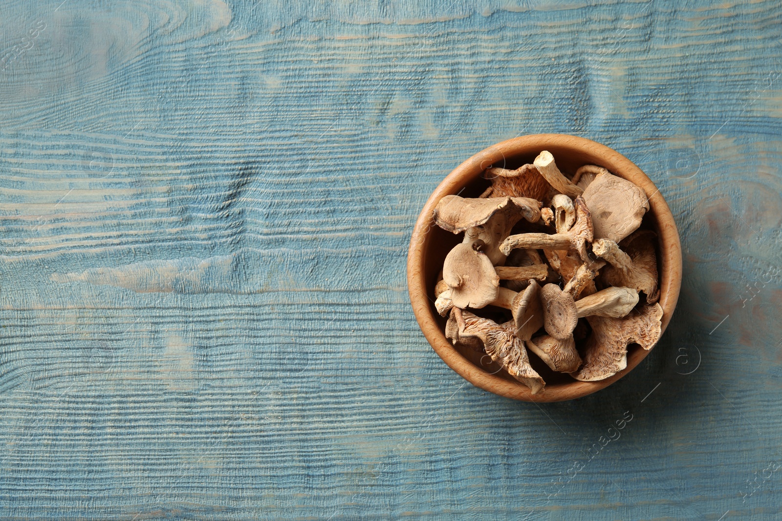 Photo of Bowl of dried mushrooms on color wooden background, top view with space for text