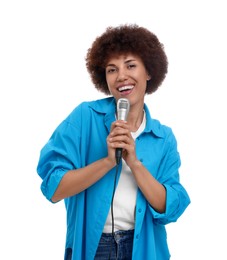 Photo of Curly young woman with microphone singing on white background