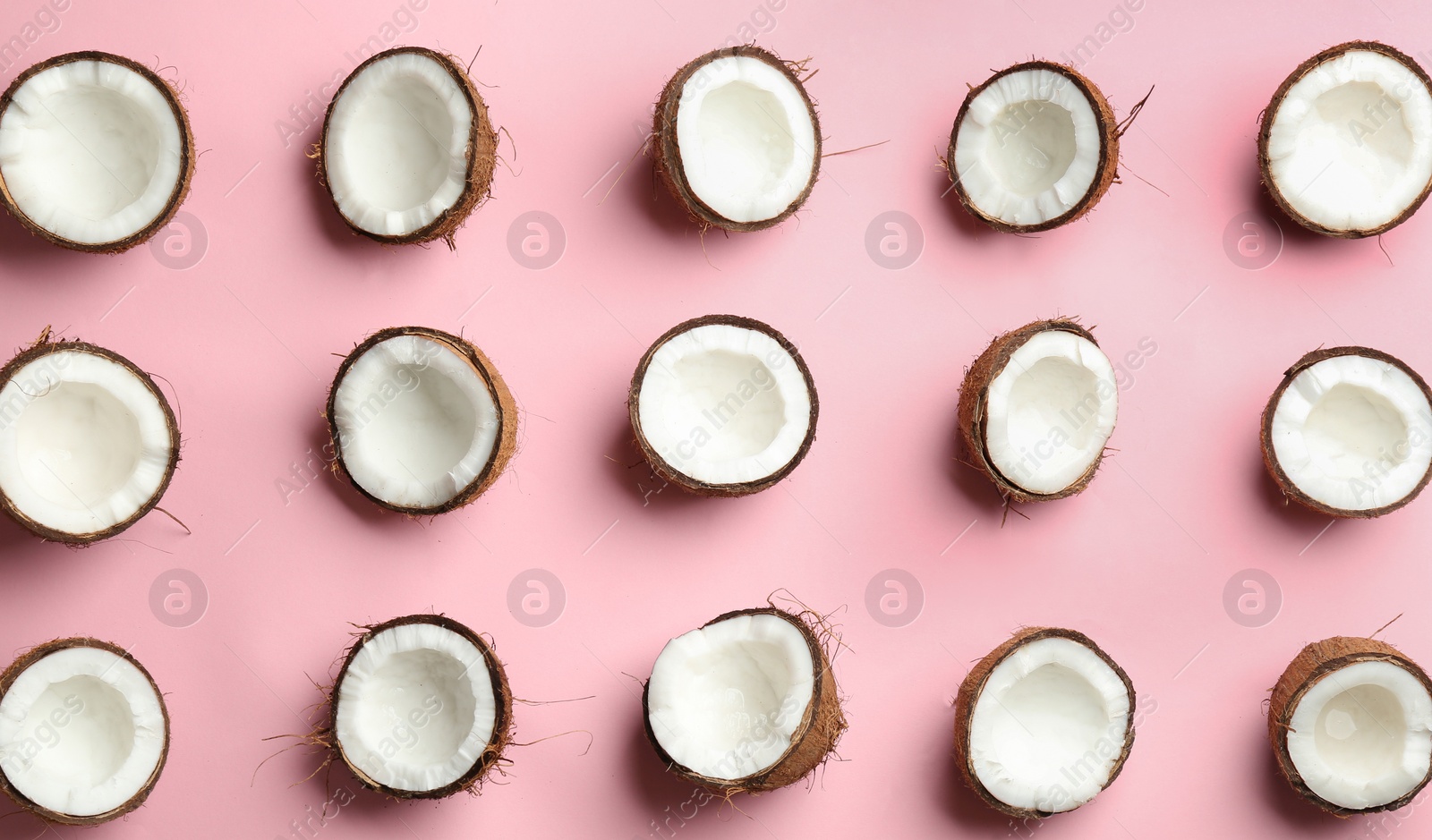 Photo of Coconut pattern on color background, flat lay