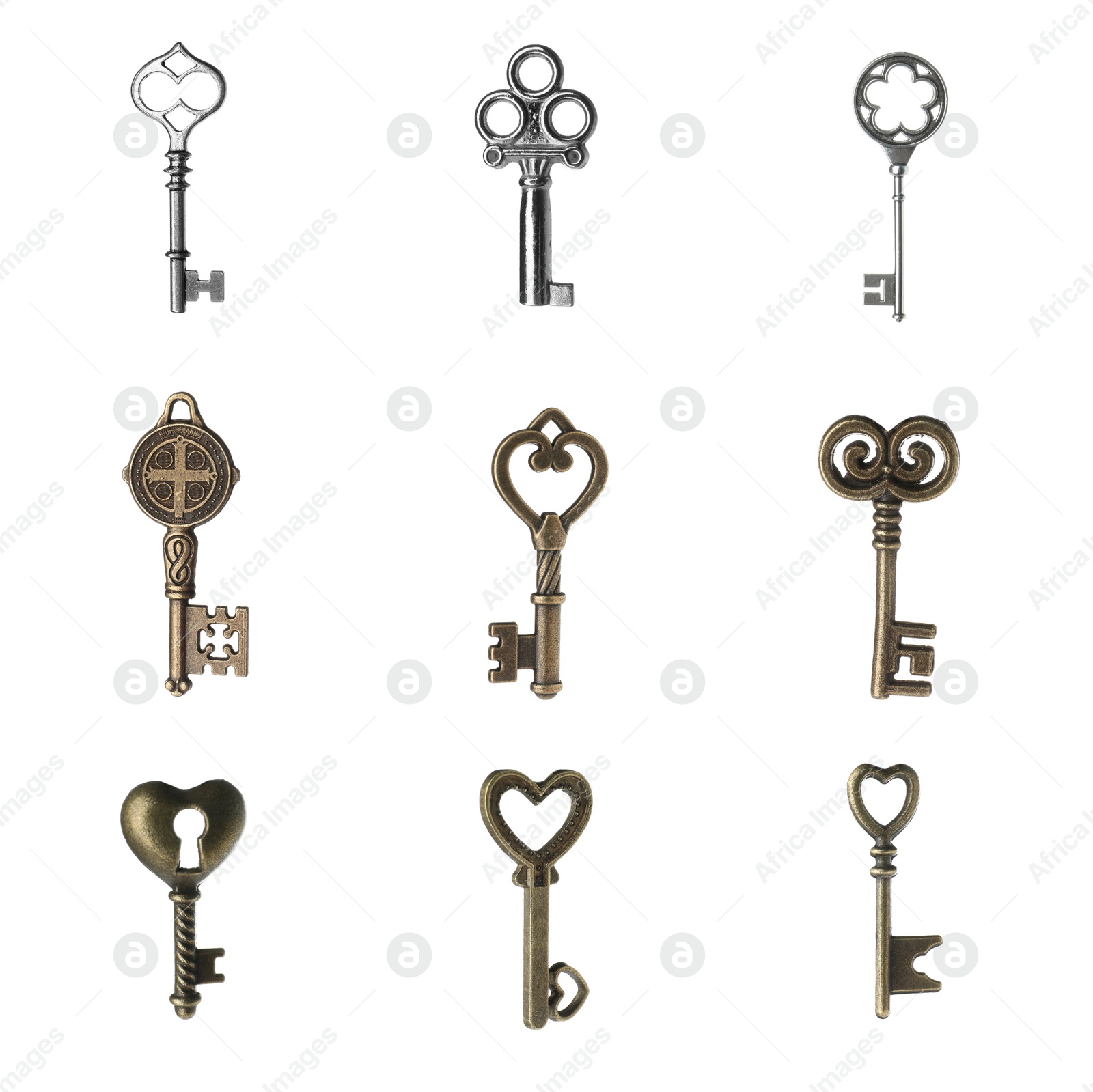 Image of Set of different ornate keys on white background