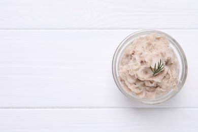 Delicious lard spread on white wooden table, top view. Space for text