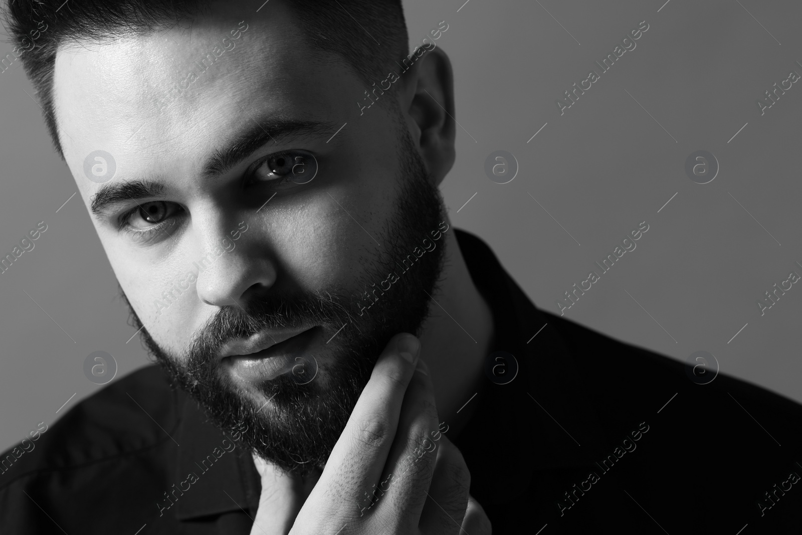 Photo of Portrait of handsome bearded man on grey background. Black and white effect