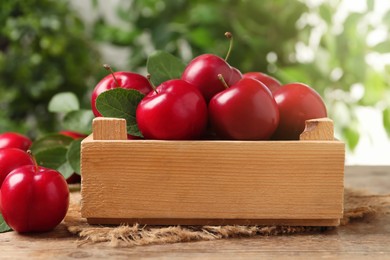 Photo of Fresh ripe cherry plums on wooden table outdoors
