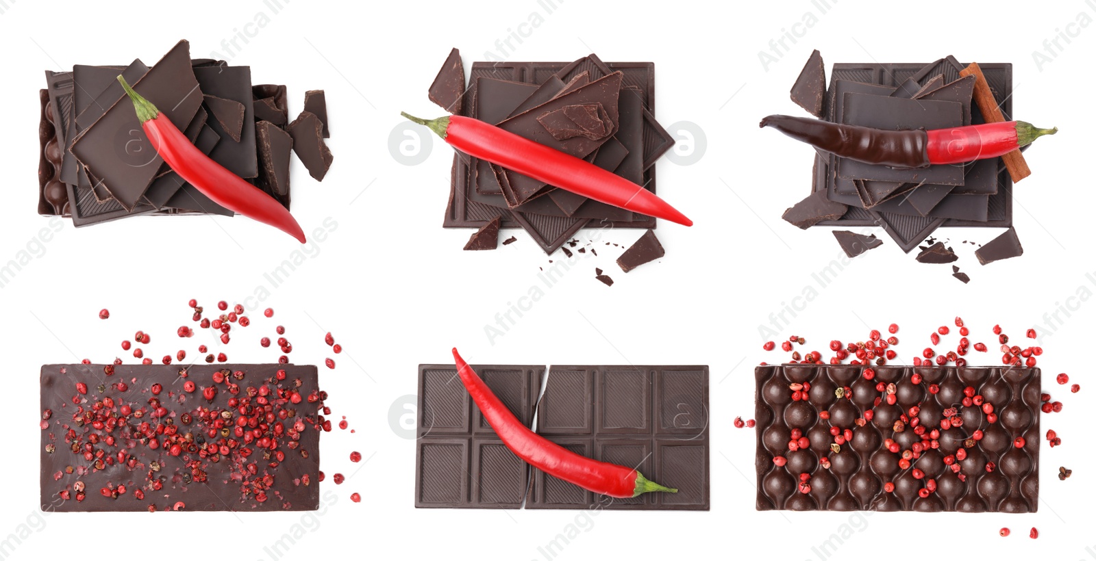 Image of Collage with delicious chocolate, red peppercorns and chili peppers on white background, top view