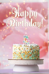 Image of Happy Birthday! Beautiful cake with burning candle on violet table