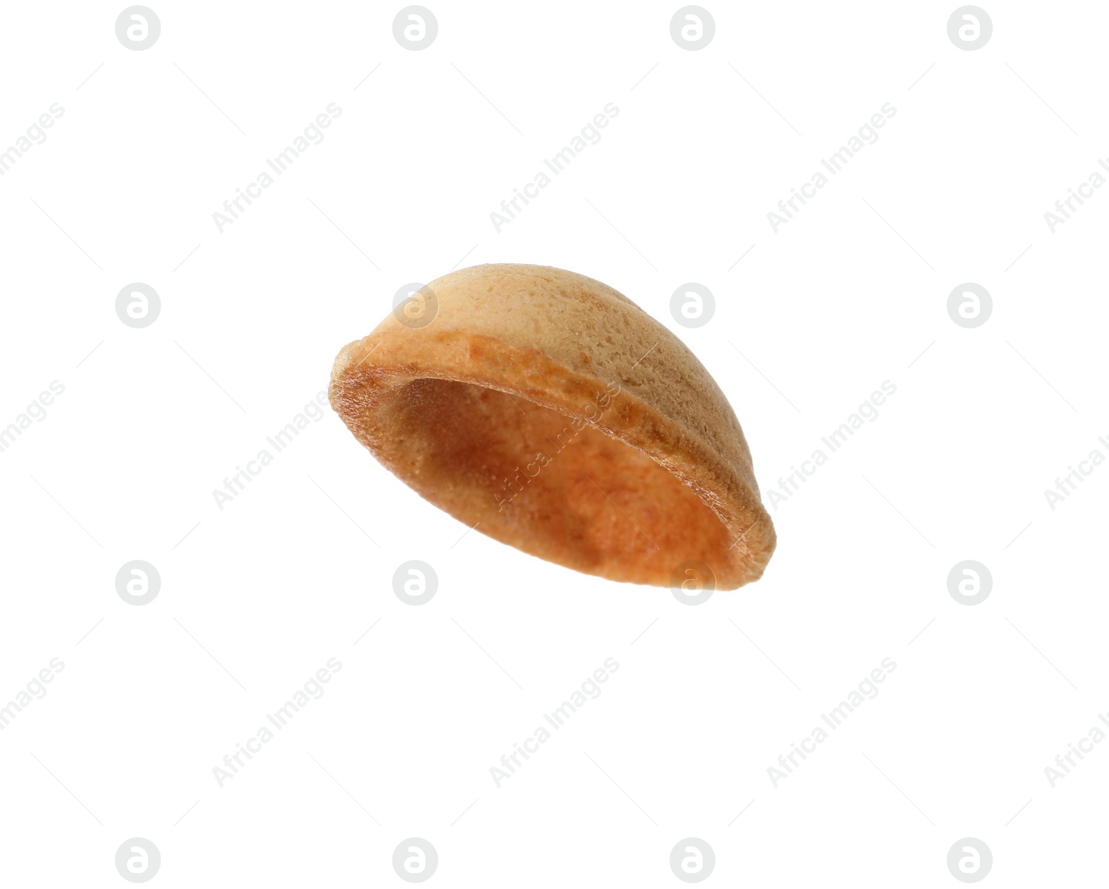 Photo of Half of delicious nut shaped cookie isolated on white