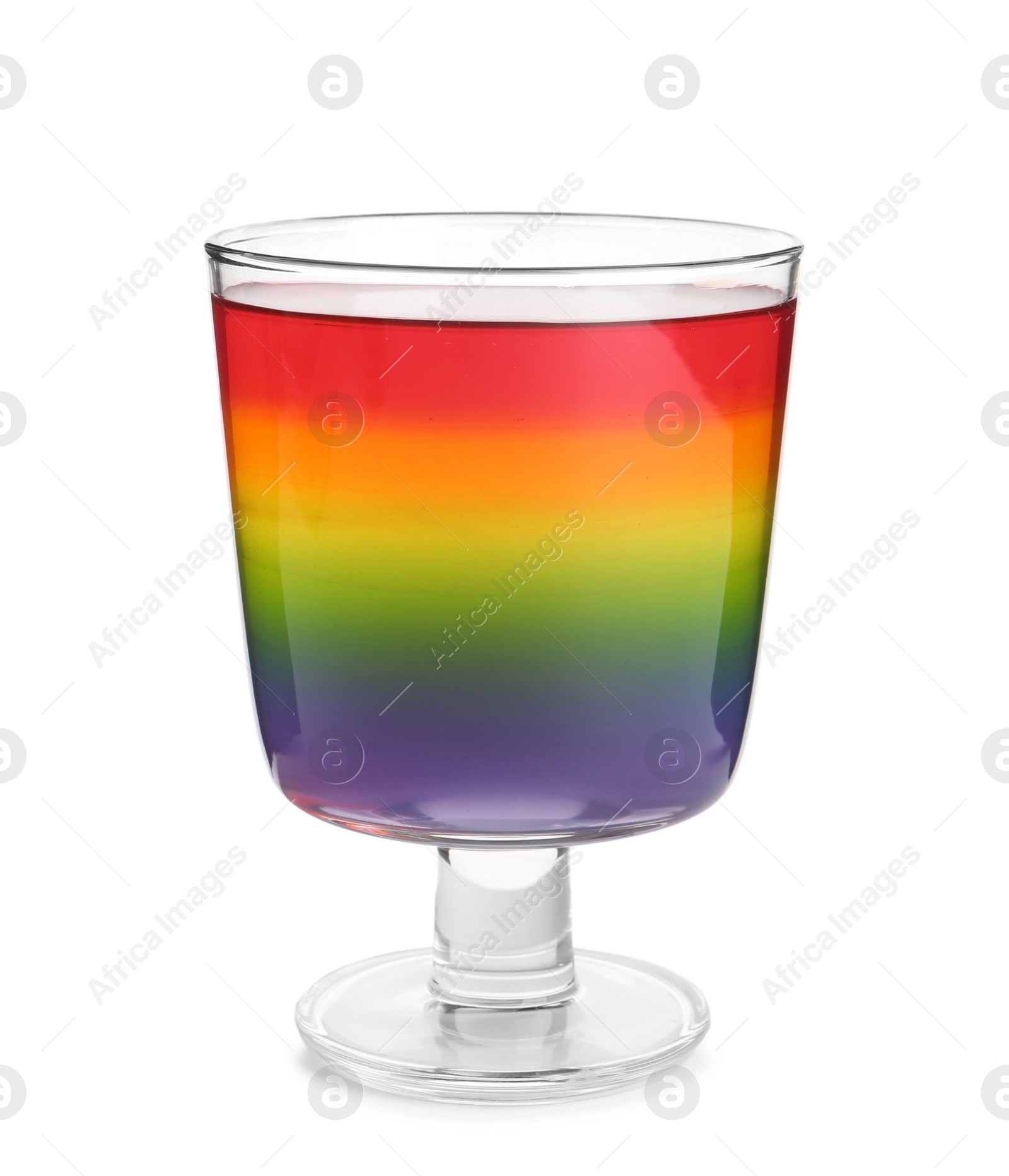 Photo of Tasty layered jelly dessert in glass on white background