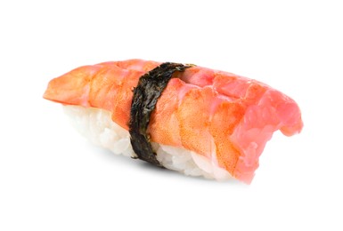 Delicious nigiri sushi with shrimp isolated on white