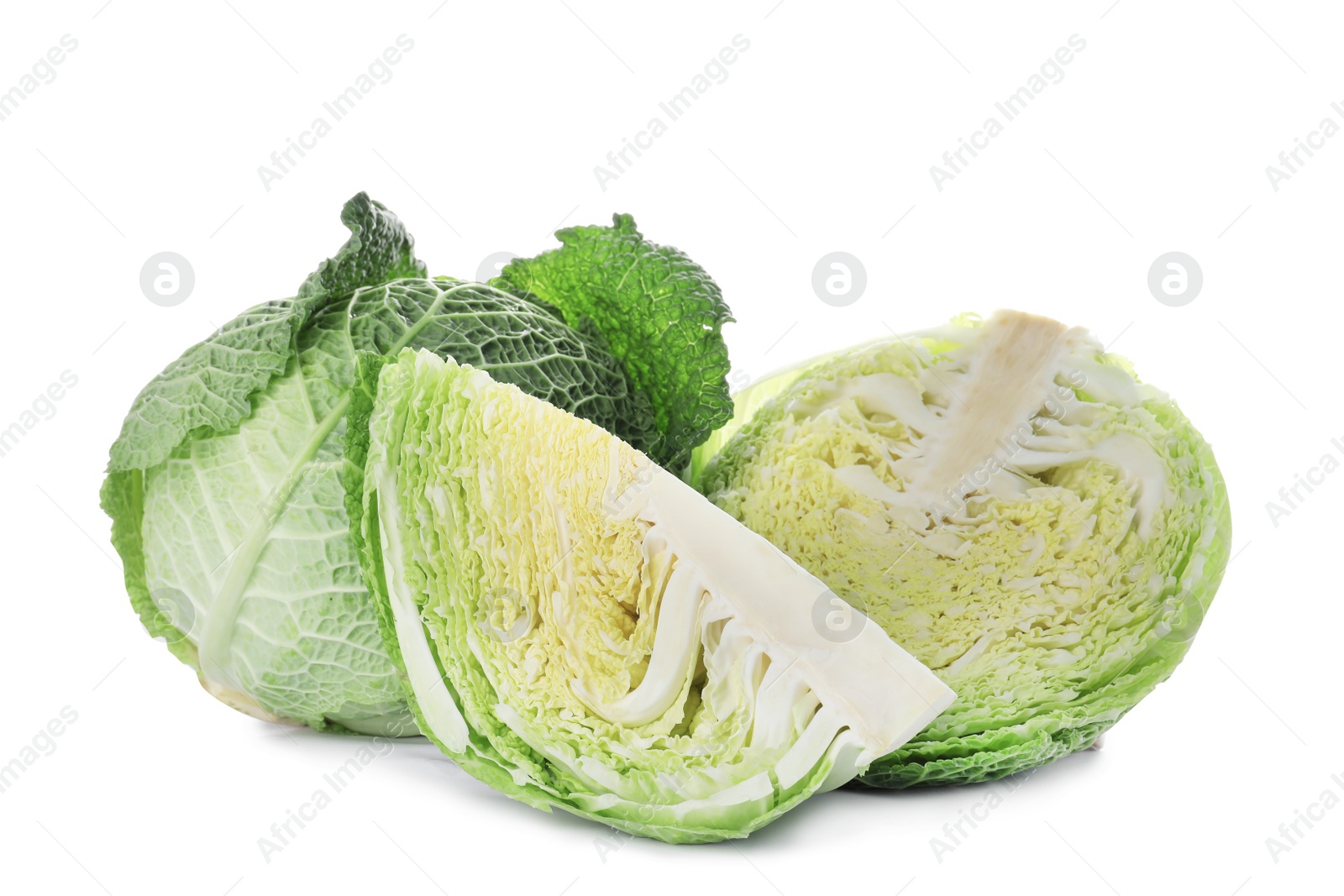 Photo of Fresh green savoy cabbages on white background