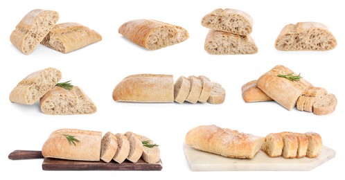 Image of Set with fresh delicious ciabattas on white background