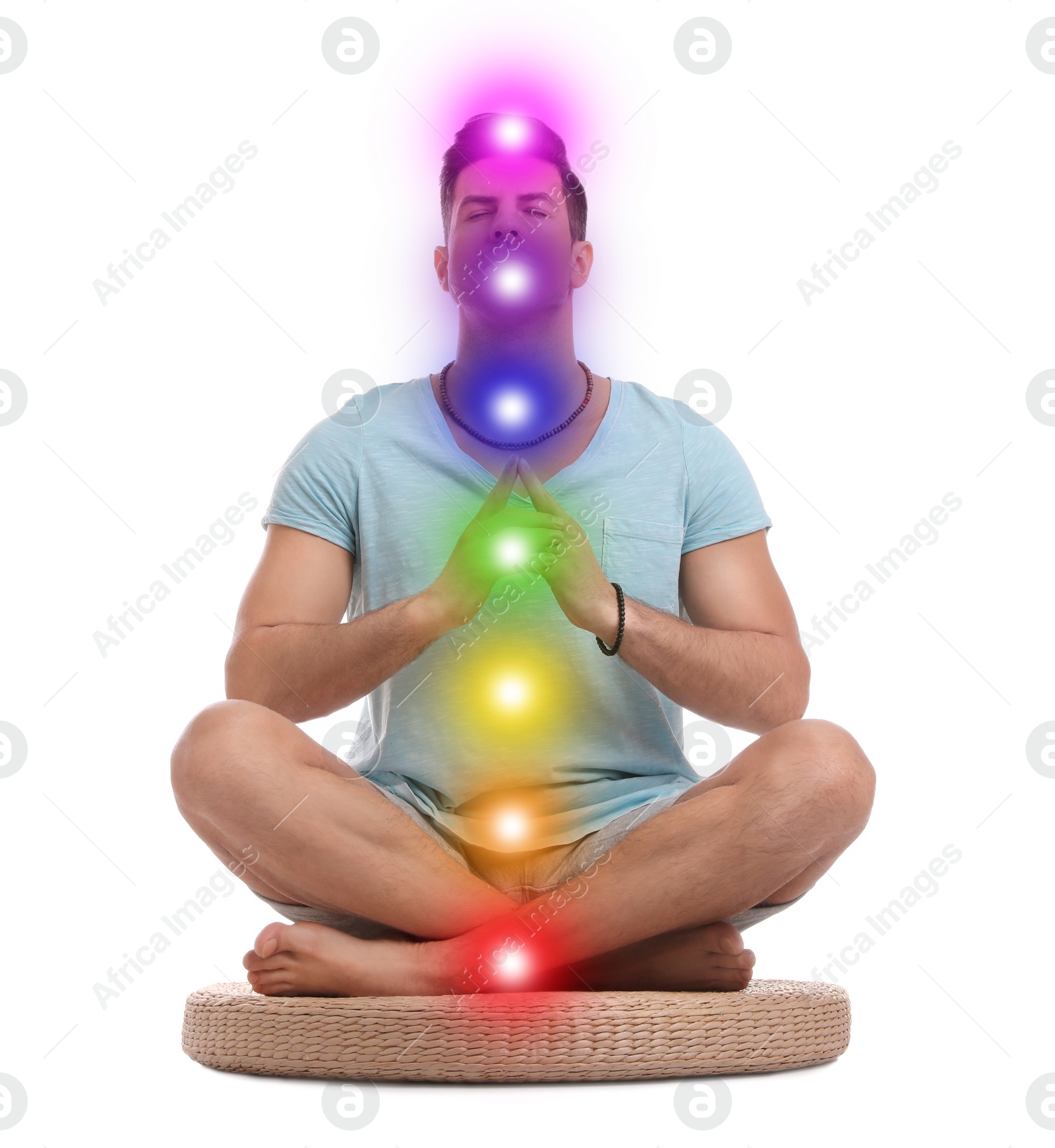 Image of Man meditating on white background. Scheme of seven chakras, illustration