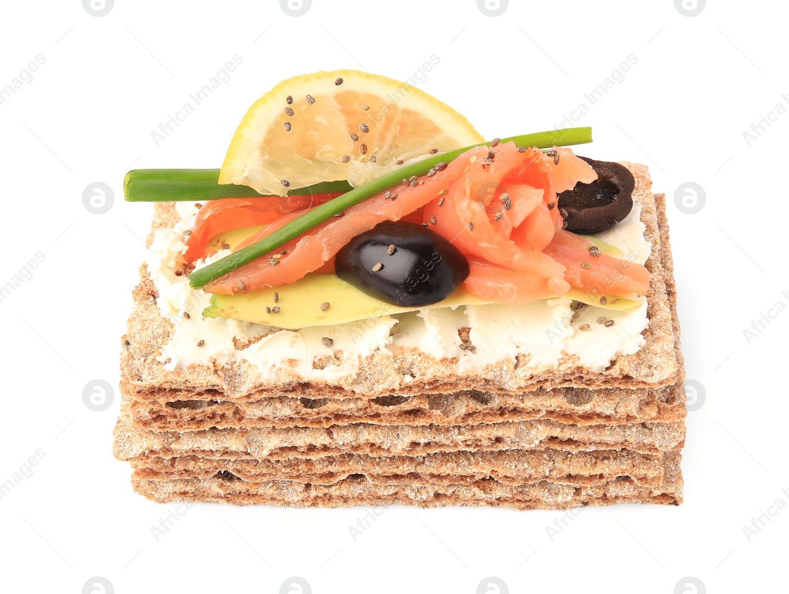 Photo of Fresh crunchy crispbreads with cream cheese, salmon, olives, lemon and green onion on white background