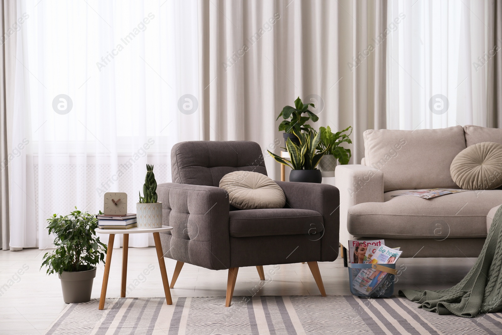 Photo of Comfortable armchair and sofa near window in living room. Interior design