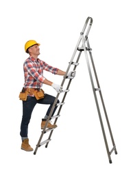 Photo of Professional constructor climbing ladder on white background