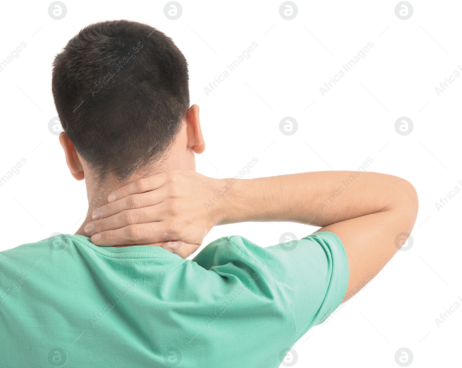 Photo of Young man suffering from neck pain on white background