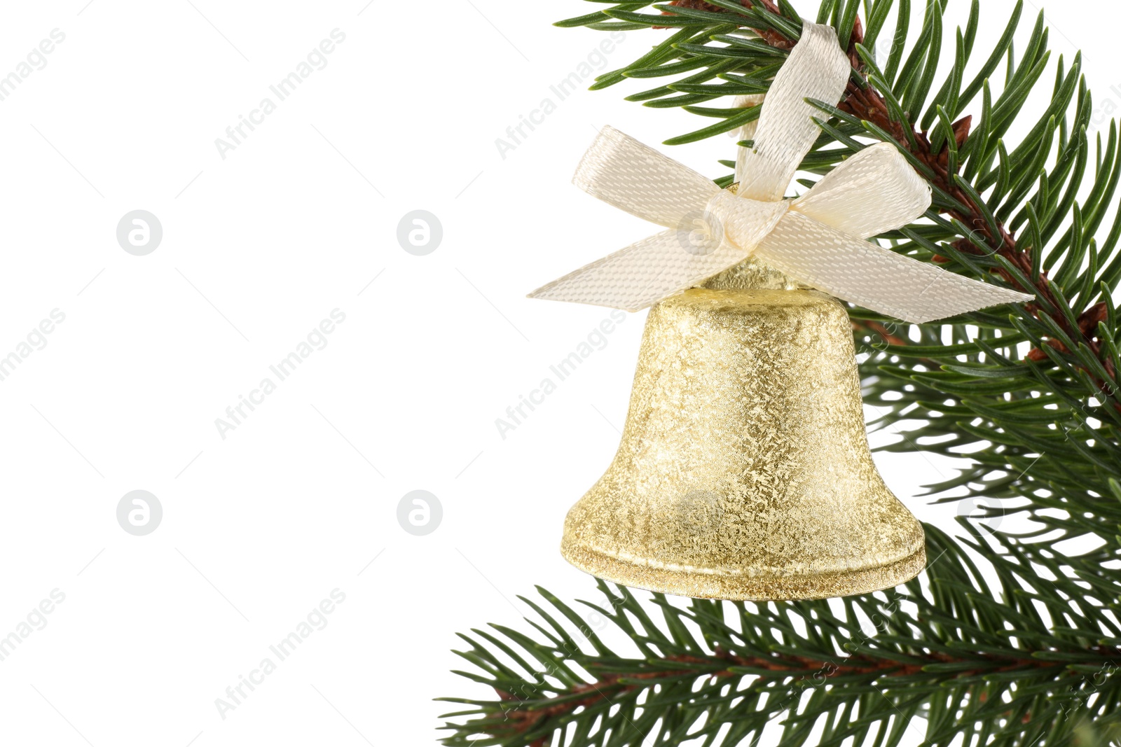 Photo of Christmas bell with bow hanging on fir tree branch against white background