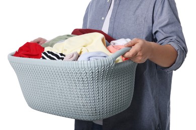 Photo of Man with basket full of laundry on white background, closeup