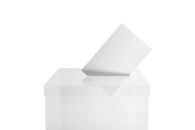 Photo of Ballot box with vote on white background. Election time