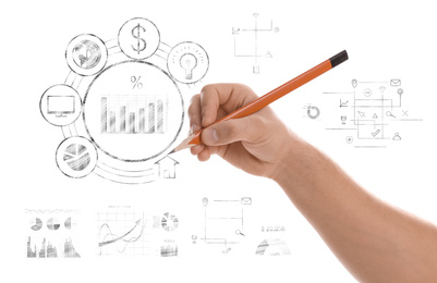 Image of Fintech concept. Man drawing scheme and charts on white background, closeup
