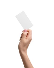 Photo of Woman holding blank business card on white background, closeup. Space for text