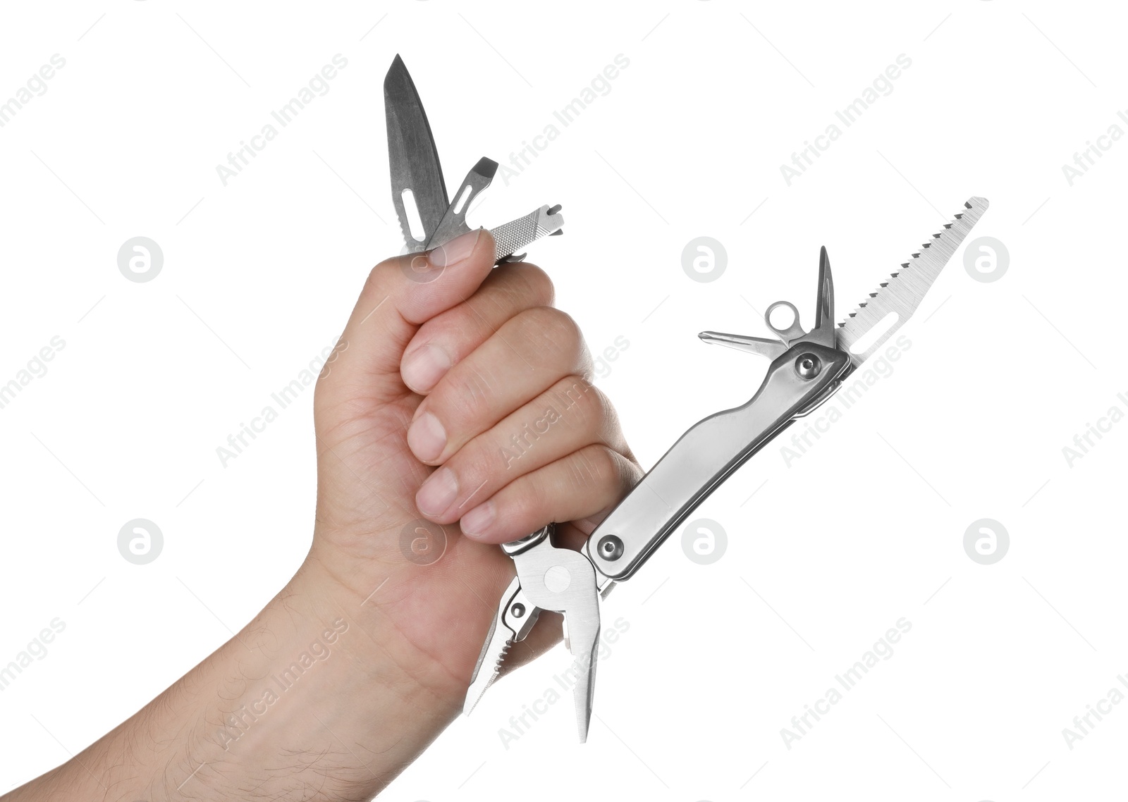 Photo of Man holding multitool on white background, closeup