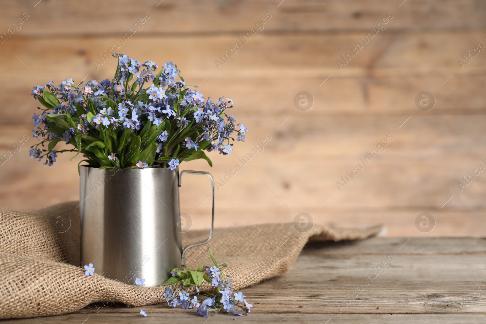 Photo of Beautiful forget-me-not flowers on wooden table, closeup. Space for text