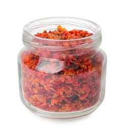 Photo of Aromatic spice. Red chili pepper flakes in jar isolated on white