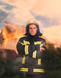 Image of Rescuer wearing uniform and helmet. Professional firefighter