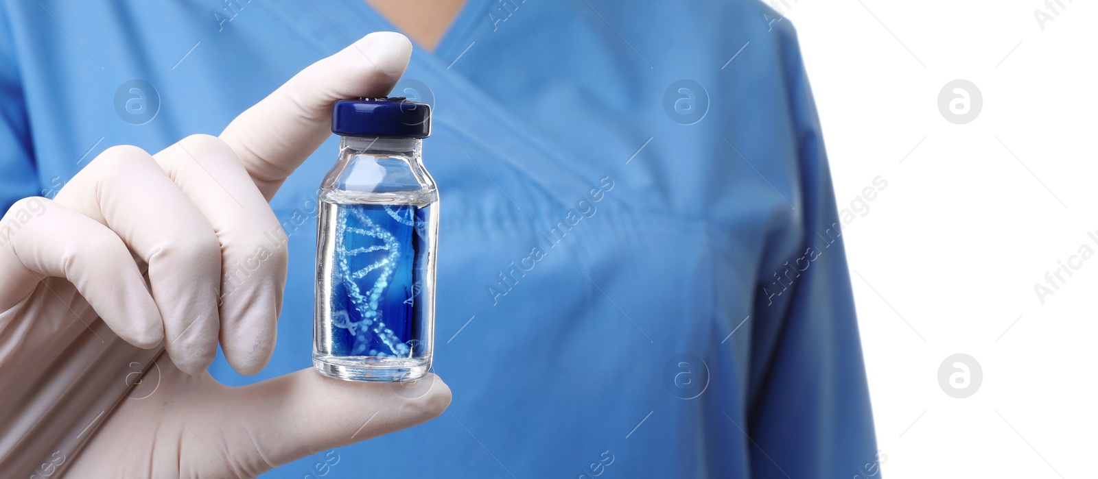 Image of Genetics research. Scientist holding vial with liquid and illustration of DNA structure on white background, closeup. Banner design