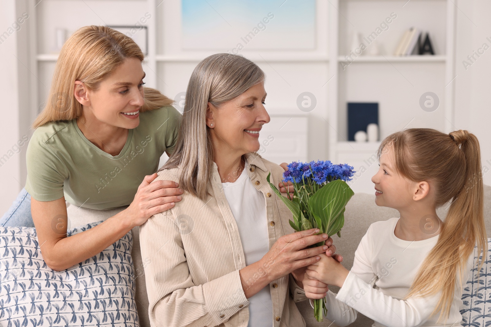 Photo of Three generations. Happy grandmother with beautiful cornflowers, her daughter and granddaughter at home