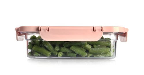 Box with green beans on white background