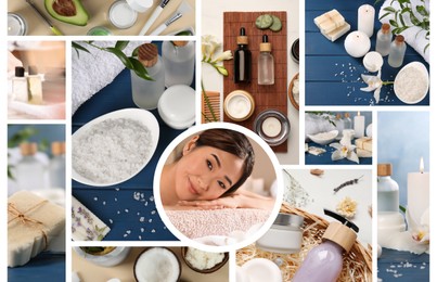 Image of Beauty and health care, collage. Photo of woman relaxing in spa salon, different supplies and products