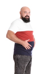 Fat man on white background. Weight loss