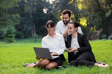 Happy colleagues with laptop having business lunch on green grass in park