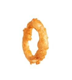 Photo of Delicious golden breaded and deep fried crispy onion ring on white background