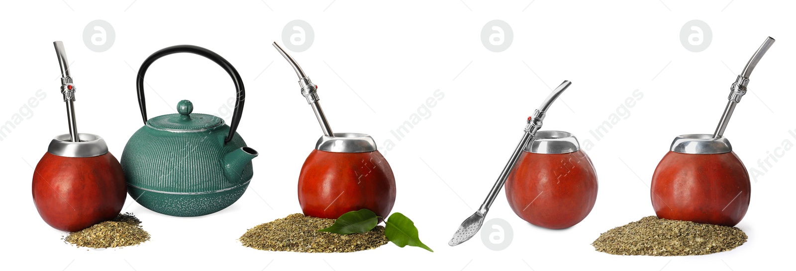 Image of Set with calabashes with mate tea and bombillas on white background. Banner design