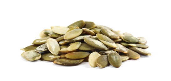 Photo of Pile of raw pumpkin seeds on white background