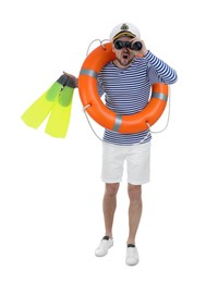 Photo of Sailor with ring buoy and swim fins looking through binoculars on white background