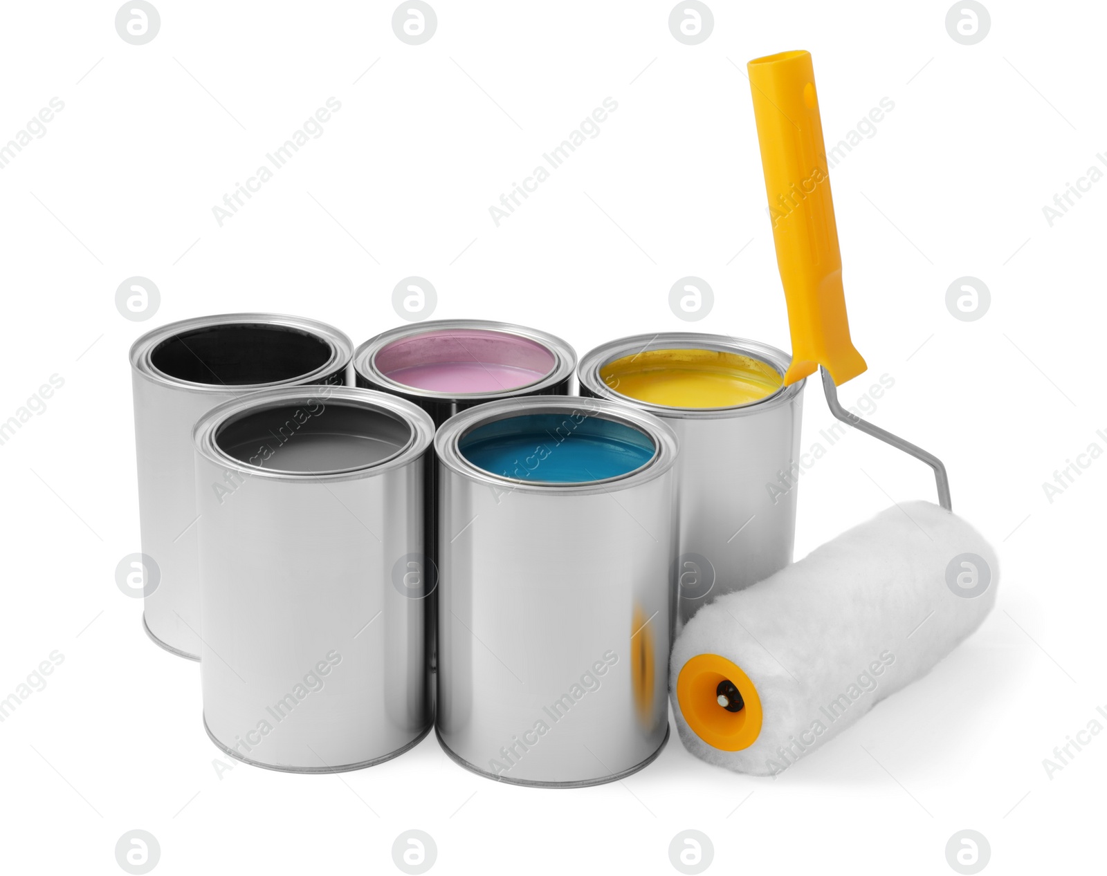 Photo of Cans of different paints with roller on white background