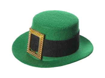 Photo of Green leprechaun hat isolated on white. Saint Patrick's Day accessory