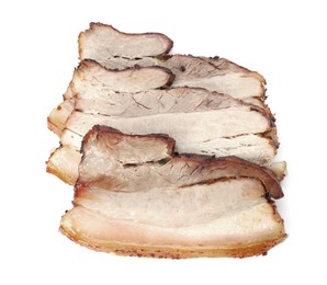 Photo of Slices of tasty baked pork belly isolated on white, top view