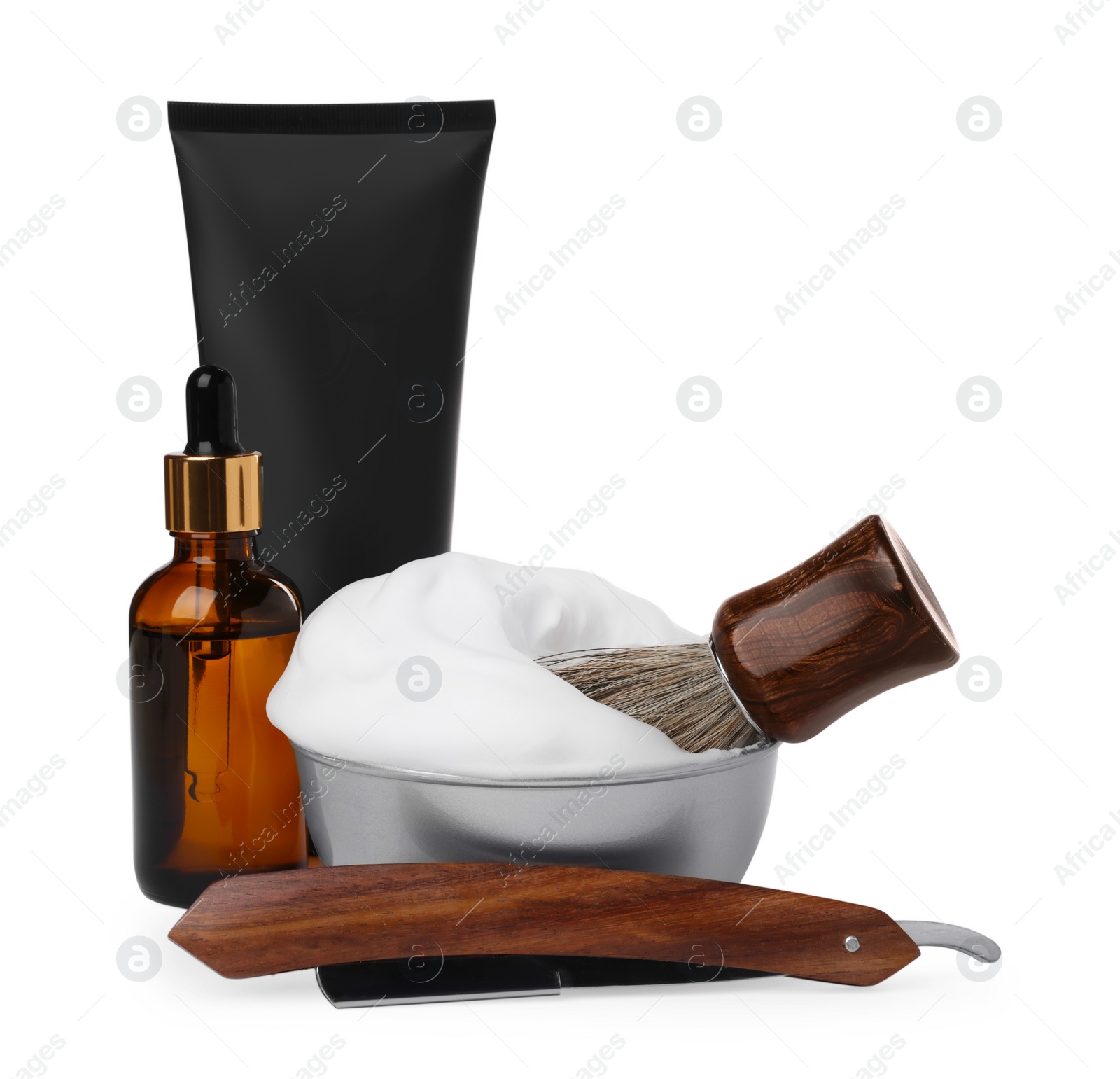 Photo of Set of men's shaving accessories on white background